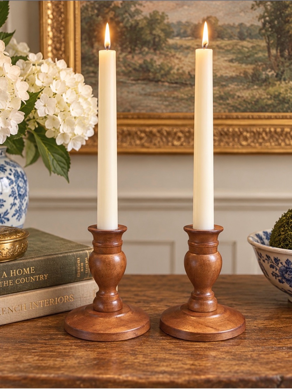 Vintage Turned Wood Candlestick Holders Set of 2 Brown Wooden Taper Candle